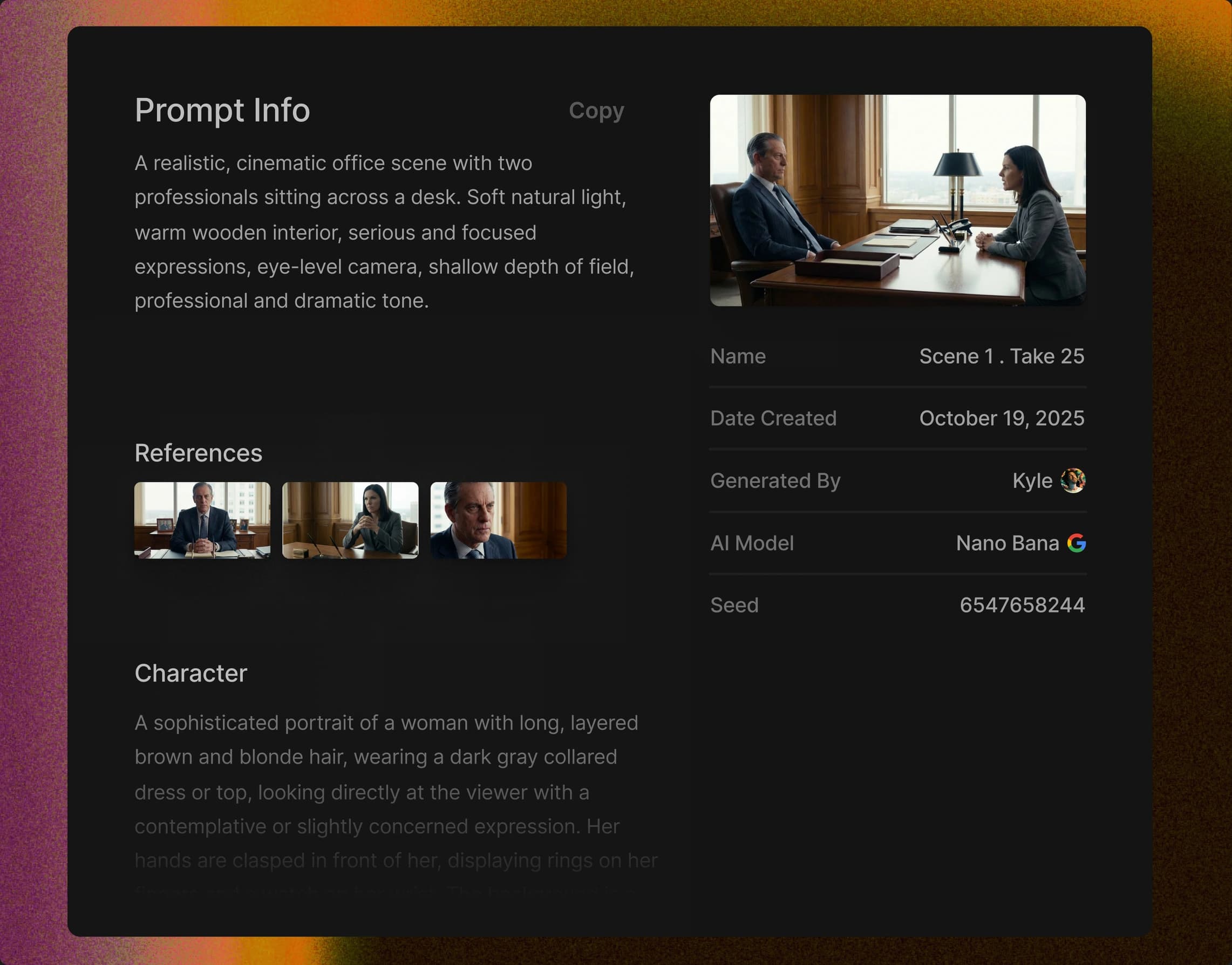 The record behind one take: the prompt that made it, the reference frames it was given, and a panel naming the take, the date, who generated it, the model, and the seed.