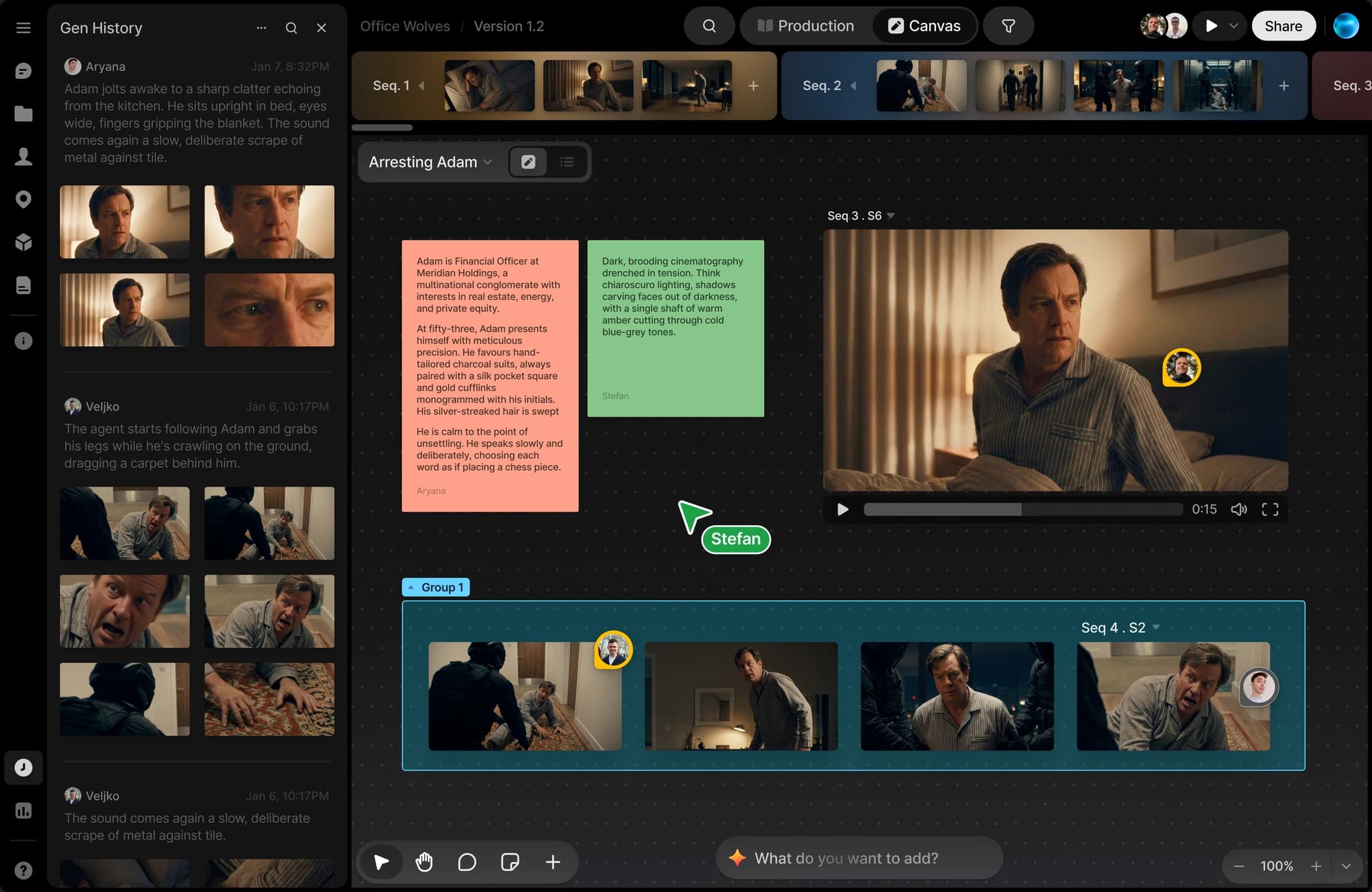 The Preview canvas: a panel of past prompts and the frames each returned, beside a live-action scene on the canvas with notes pinned to it, a take playing, and a group of four shots two teammates are working on together.