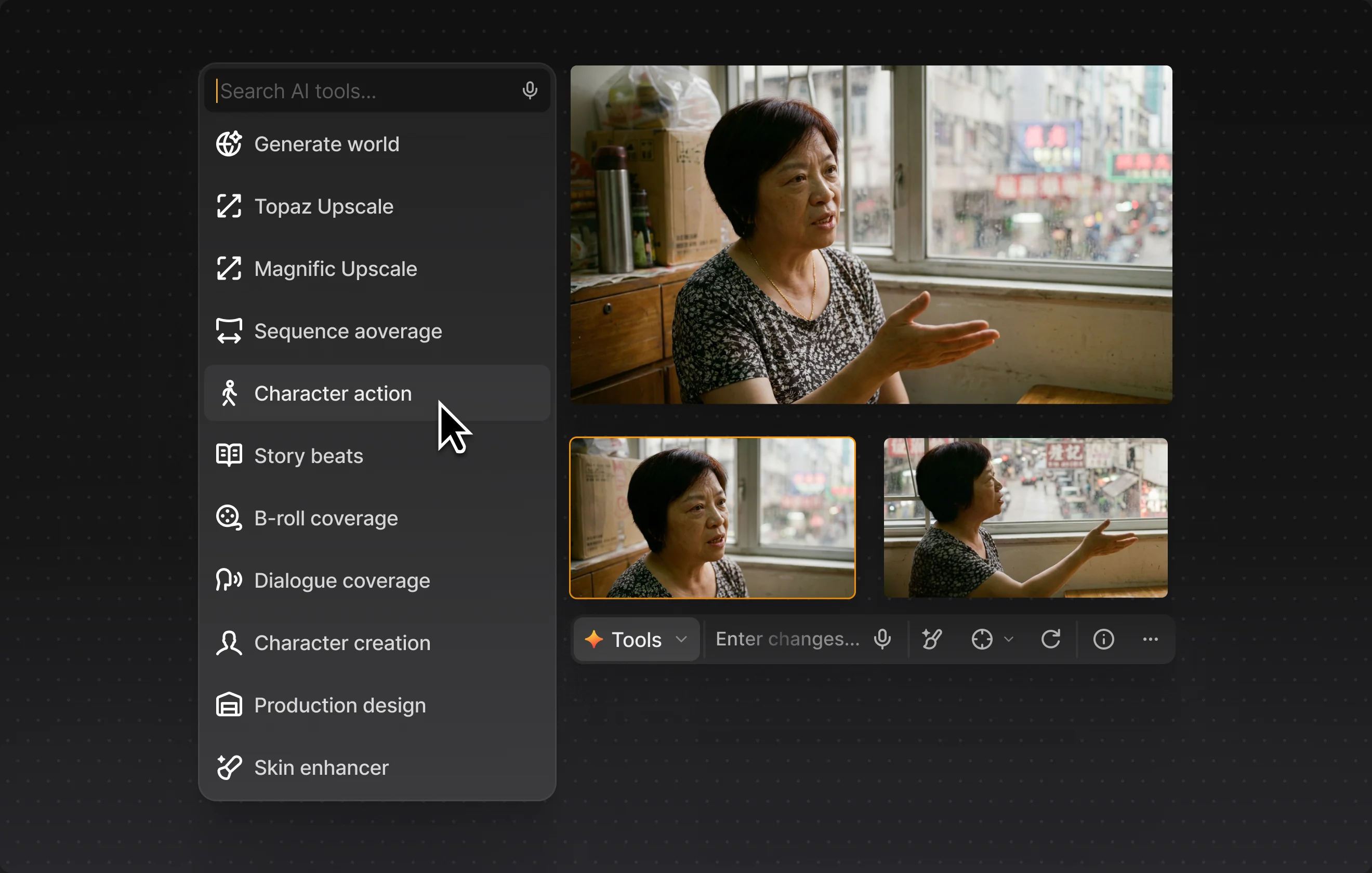 A menu of the agent’s tools — character action, story beats, B-roll coverage, dialogue coverage and more — open beside a take of a scene and the two alternates the chosen tool returned.