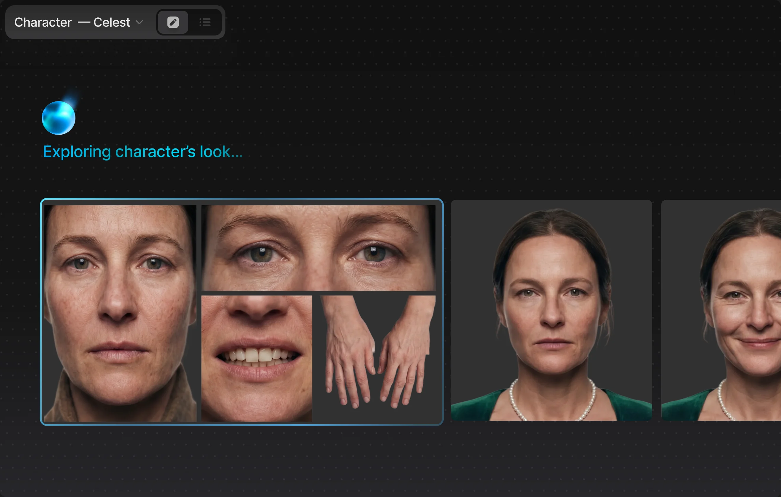 The agent exploring a character’s look on the canvas: a sheet of face, eye, mouth and hand studies selected beside two finished portraits of the same actor.