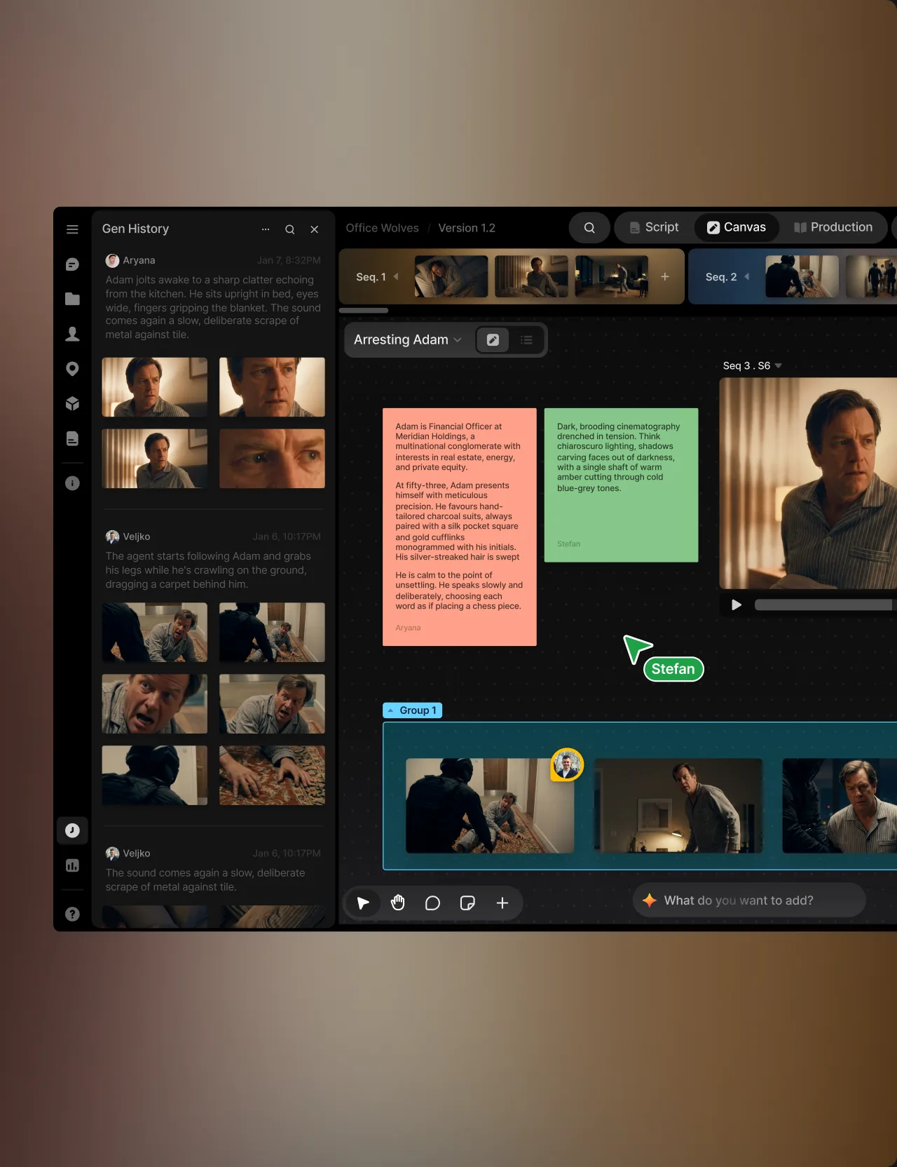 The Preview workspace: generation history beside a canvas of notes, shots and a teammate’s cursor.