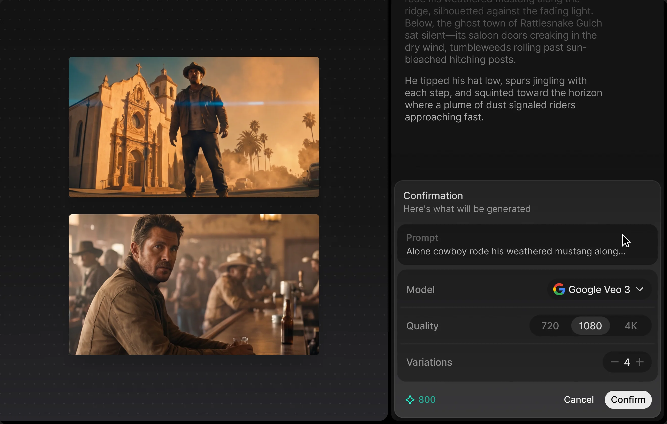 A confirmation panel before a shot runs: the drafted prompt, the model chosen for it, the quality and the number of variations, and what it will cost — with cancel and confirm below, beside the two frames already generated from the same scene.