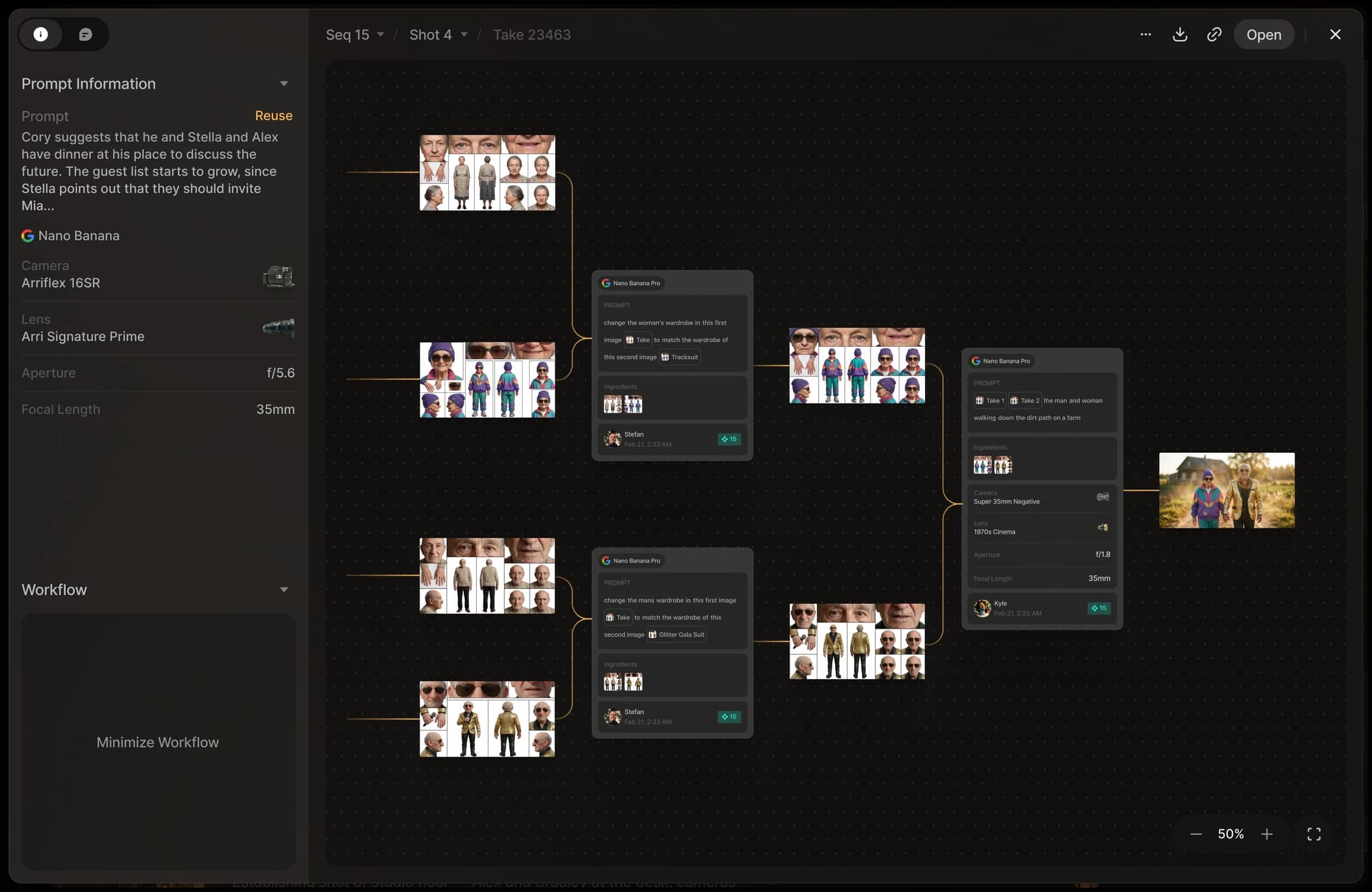 The record behind one frame in Preview: source images feeding through prompt cards into the finished shot, beside a panel listing the prompt, the model, the camera, the lens, the aperture and the focal length.