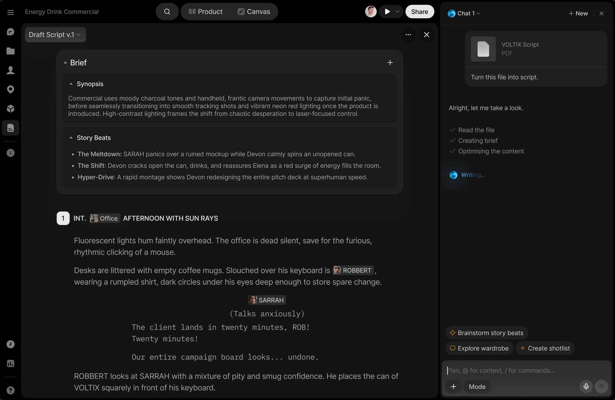 The Preview script editor: a brief with a synopsis and story beats above a screenplay whose characters and locations are tagged, and an assistant panel turning an uploaded script into the same structure.