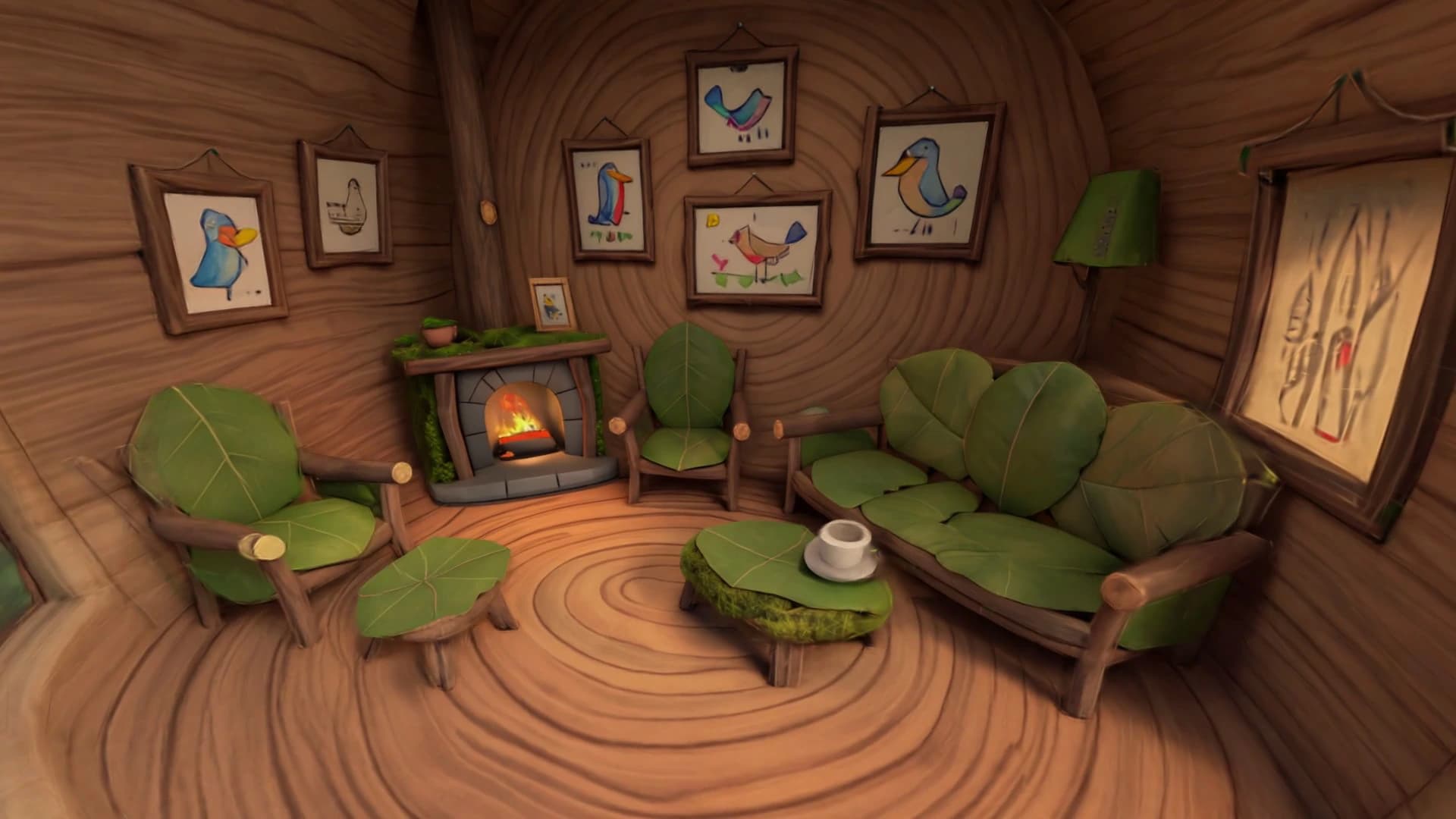 The inside of a room generated as a 3D set — a hollowed tree trunk furnished with leaf-cushioned chairs and a lit stone fireplace — seen from a camera position within it.