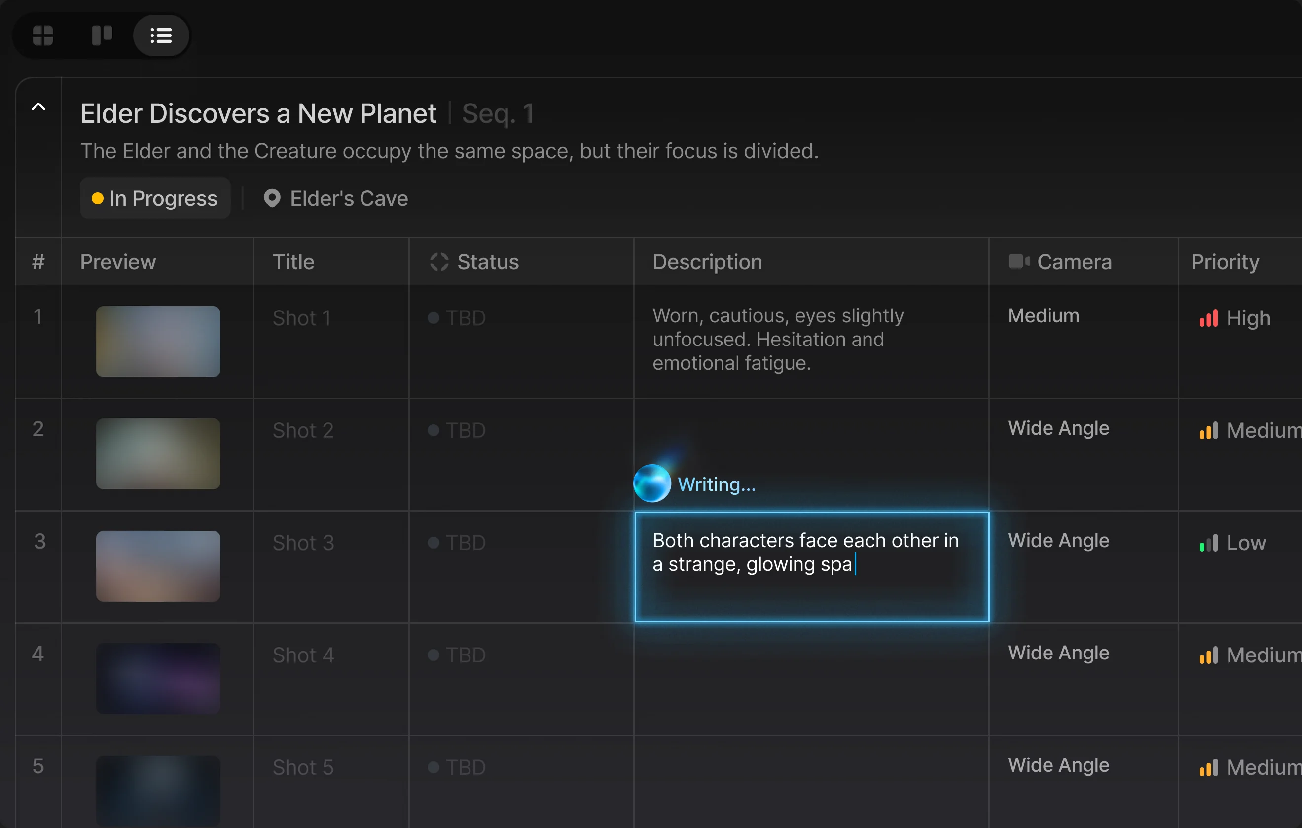 A scene broken into a shot list, with the agent writing a shot’s description in place while the rows around it already carry their status, camera and priority.