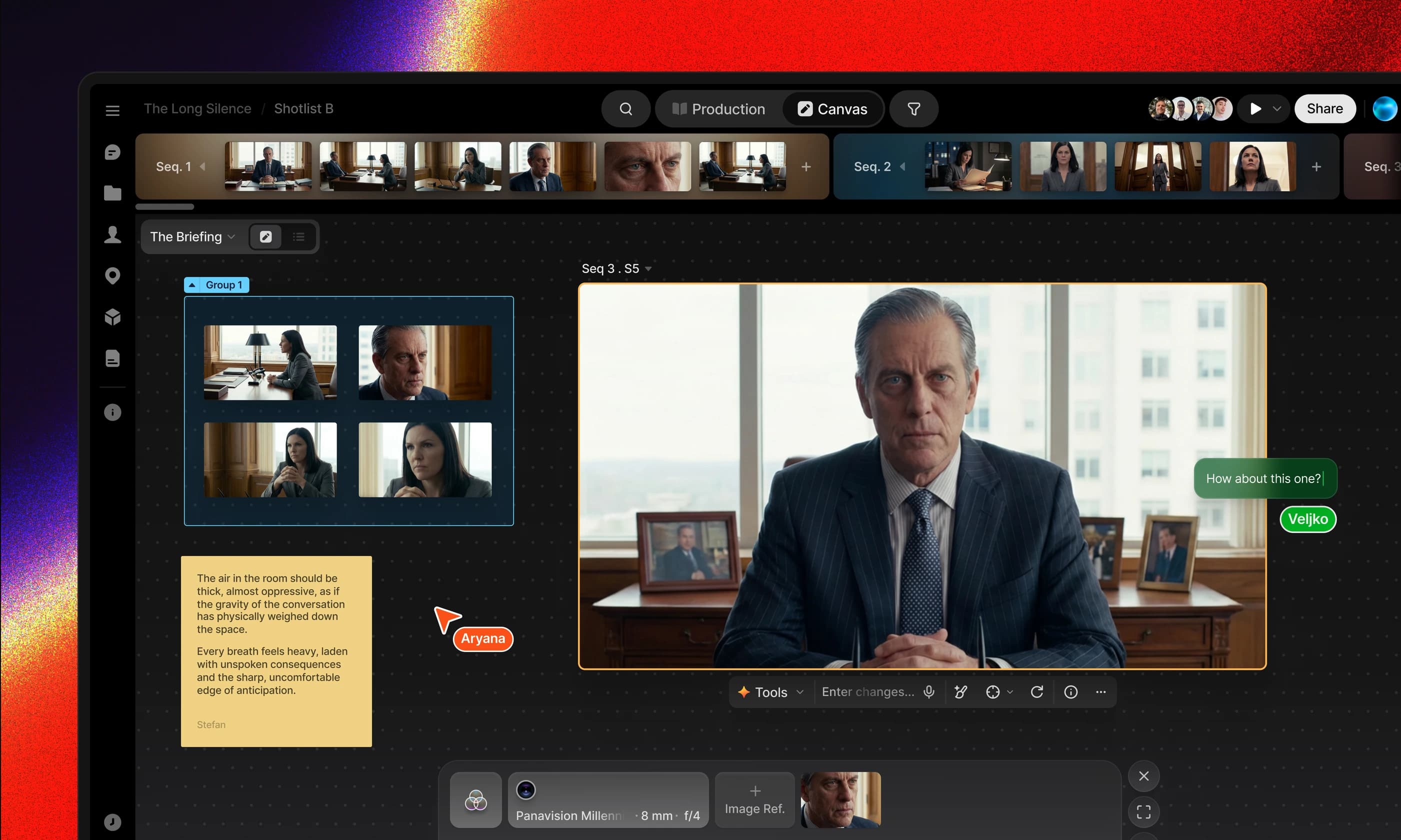 The Preview workspace: a sequence rail above a canvas, where a grouped set of four shots, a note and a teammate’s comment sit beside one shot opened large.